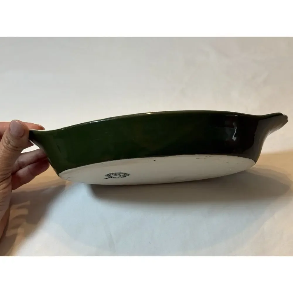 Shenango Ceramic Oval Baking Dish White Green Oven Safe 11x7in One-Piece